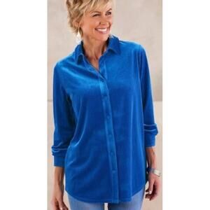 Soft Surroundings Sapphire Blue Velvet Striped Boyfriend Button Up Tunic